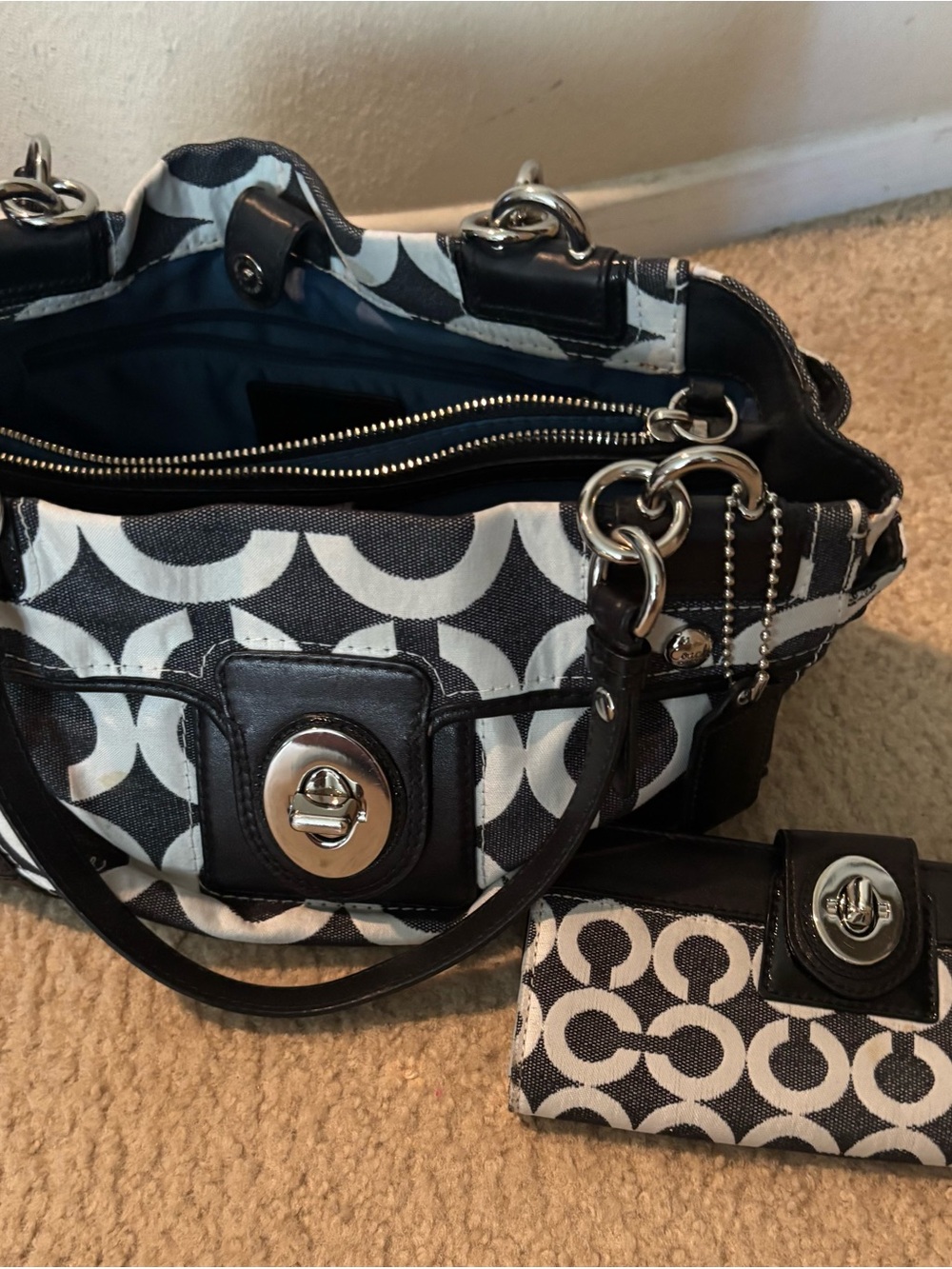 Black and White Patterned Tote Bag with Matching Wallet